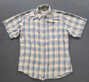 Amati 100% Silk Short Sleeve button down Plaid Shirt Blue Medium A008764